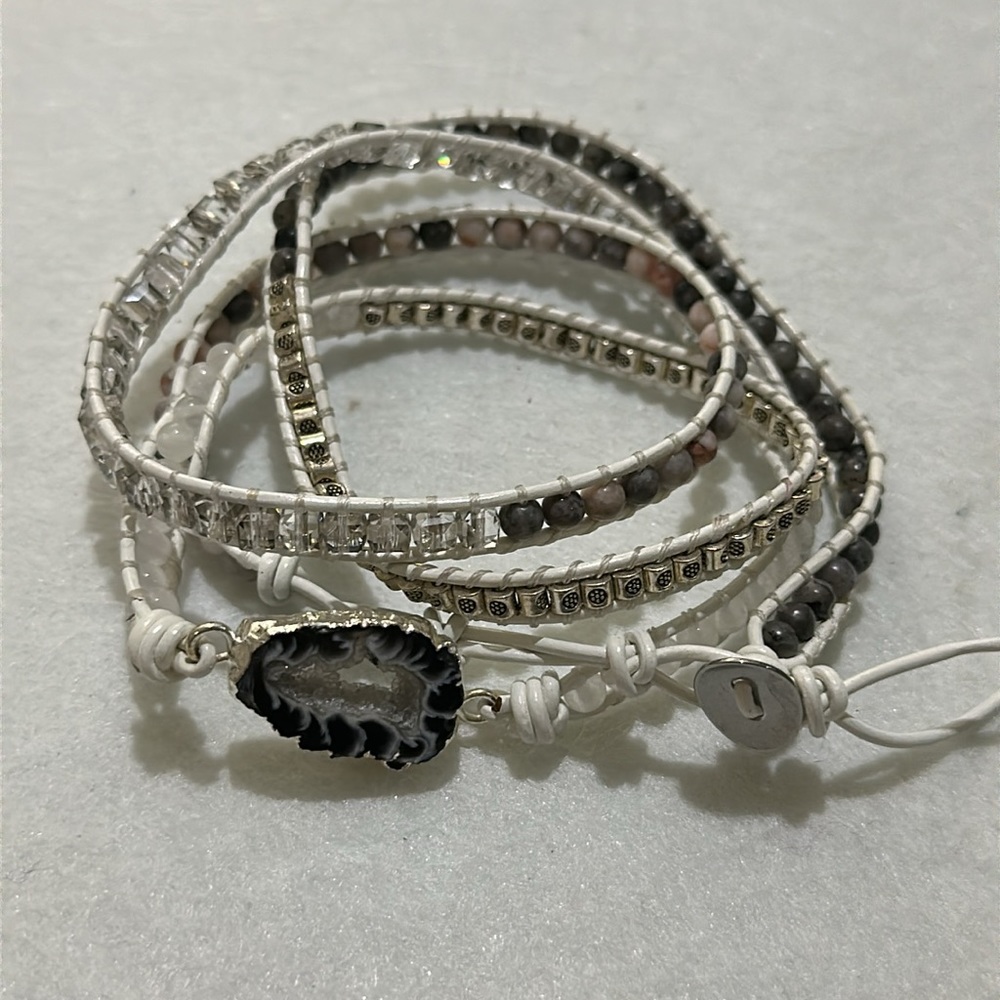 White sparkling stone wrap around leather bracelet